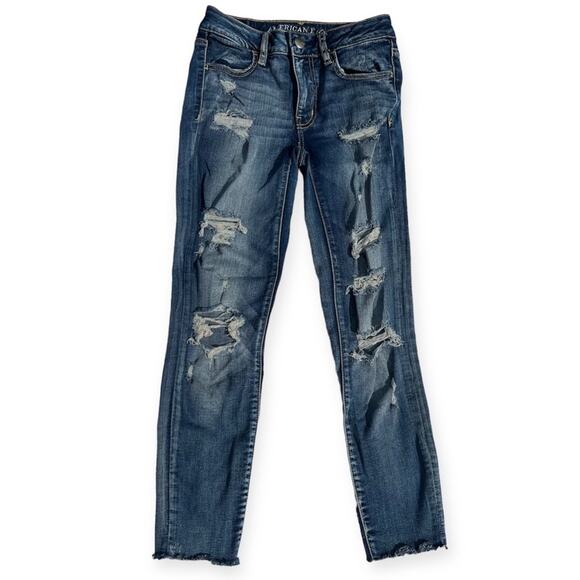 American Eagle Distressed Skinny Jeans Medium Wash Ripped Denim Casual Size 2 - Picture 1 of 7